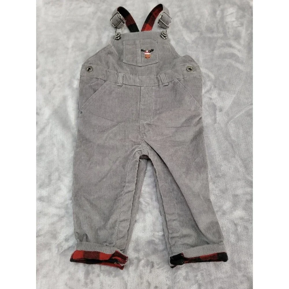 Tommy Bahama‎ baby Gray Corduroy Reindeer plaid Overalls 3-6 months